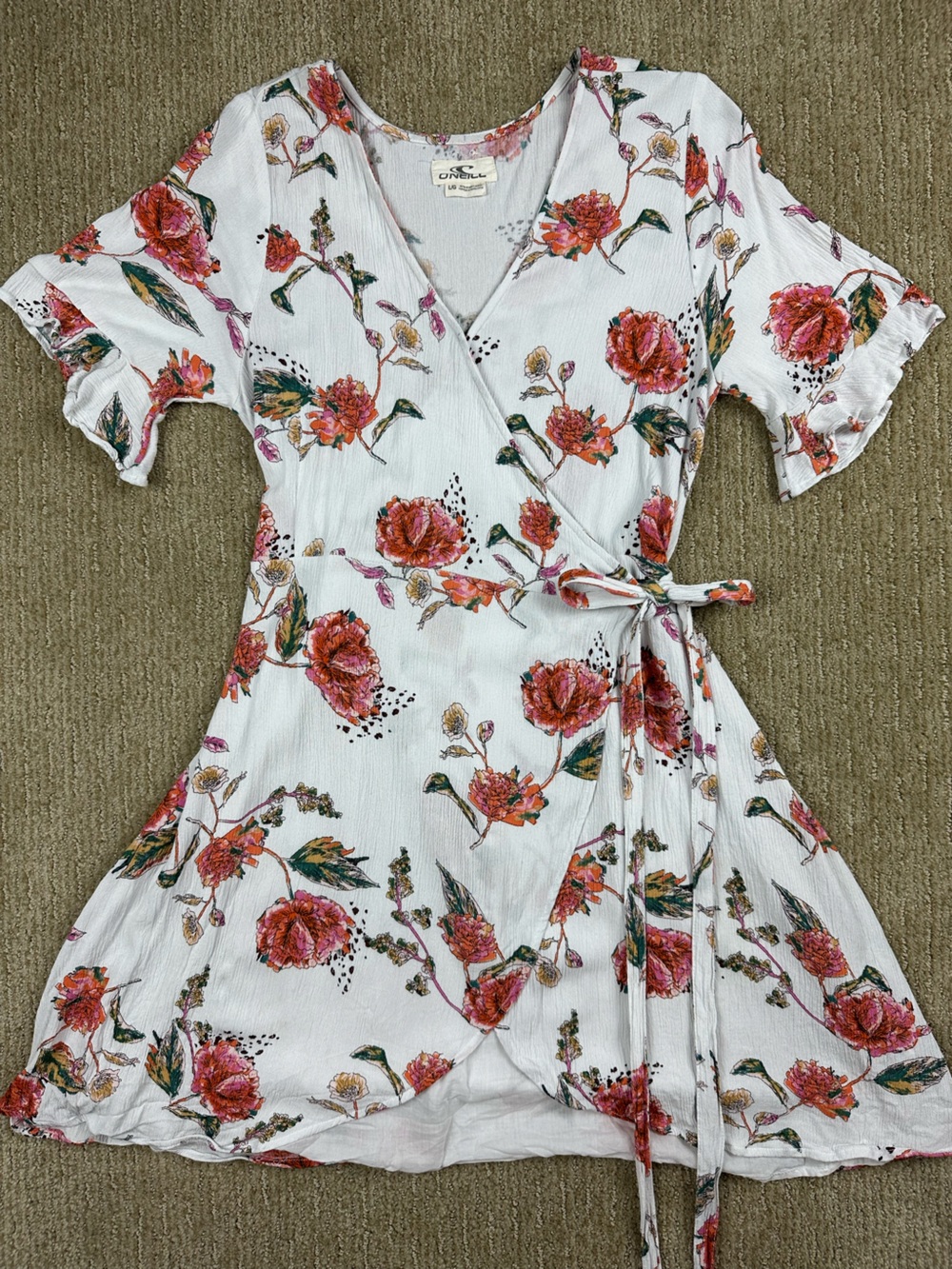 O’Neill Boho Floral Wrap Mini Dress ✨Ruffle Flutter Sleeve Summer Sundress Large